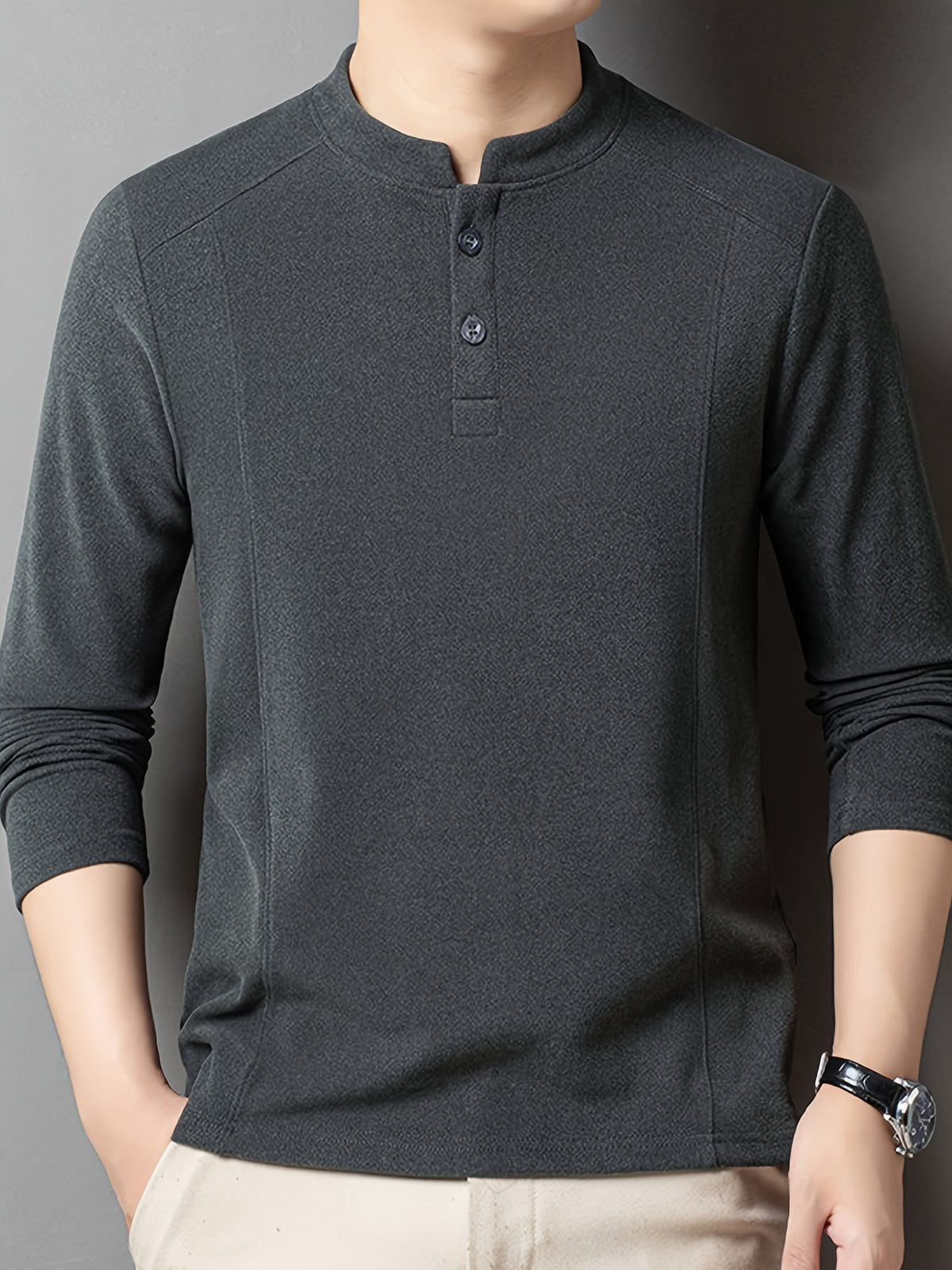 Men's Henley Neck Long Sleeve Base Layer Shirt, Slim Fit but Not Tight, Suitable for Middle-Aged Men, with a Light Business-Casual Vibe. -SINBOS - Dark Gray