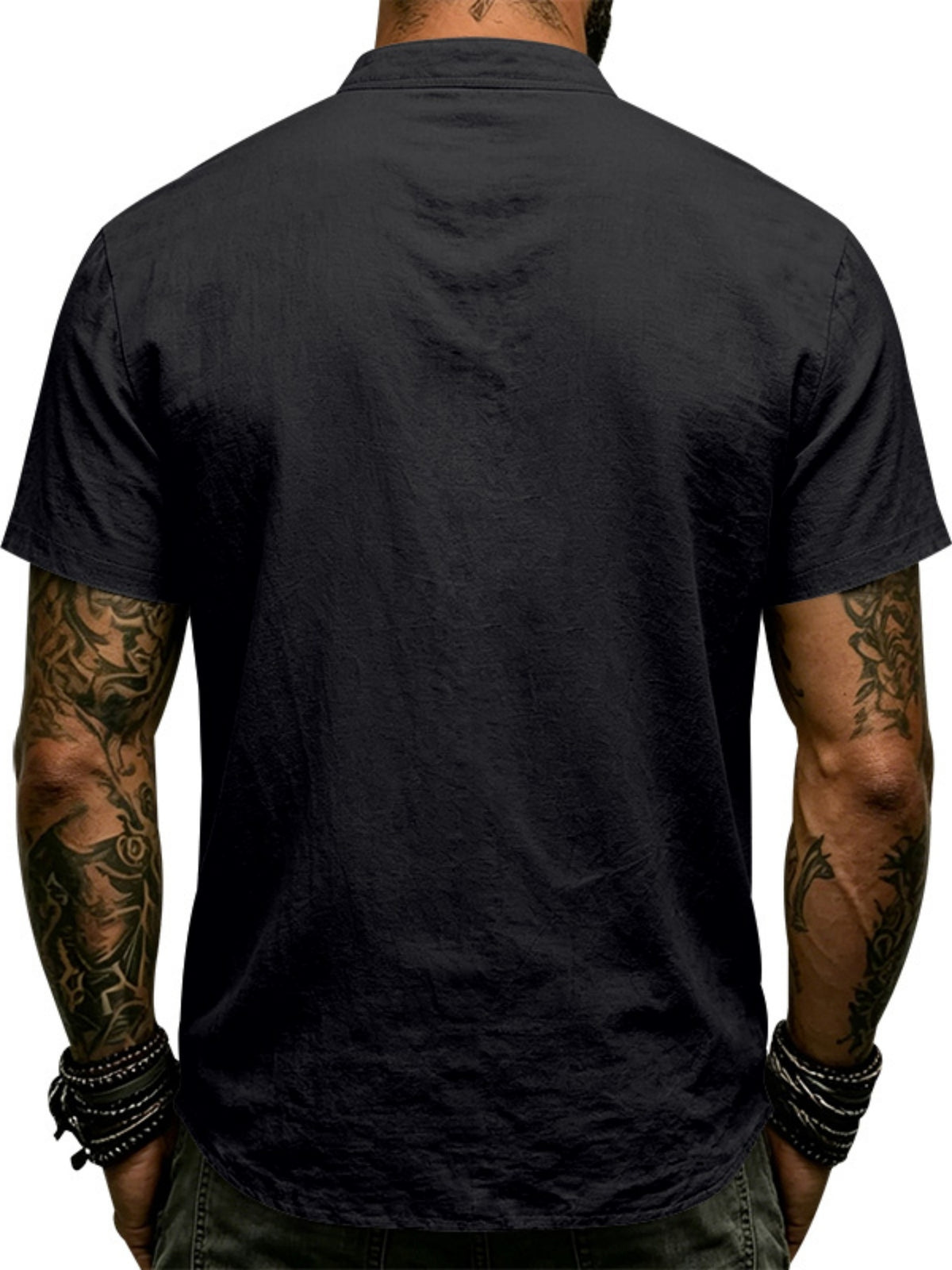 Men's Vintage Medieval Henley Shirt - Short Sleeve Mandarin Collar Cross Drawstring Blouse | Loose Fit Linen Look Top | Suitable for Casual Vacation, Outdoor & Casual Attire, Multi-Color Options - Black
