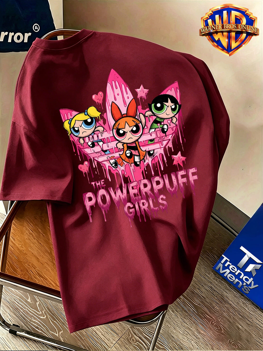 Warner Bros. Authentic Men's 100% Cotton Short-Sleeve T-Shirt, American Streetwear Brand Cartoon Print Top. Features a Complete and Full Cartoon Girl Group Design with a Sweet-cool Color-blocking Visual Effect. Eye-catching Visual Appeal - Burgundy