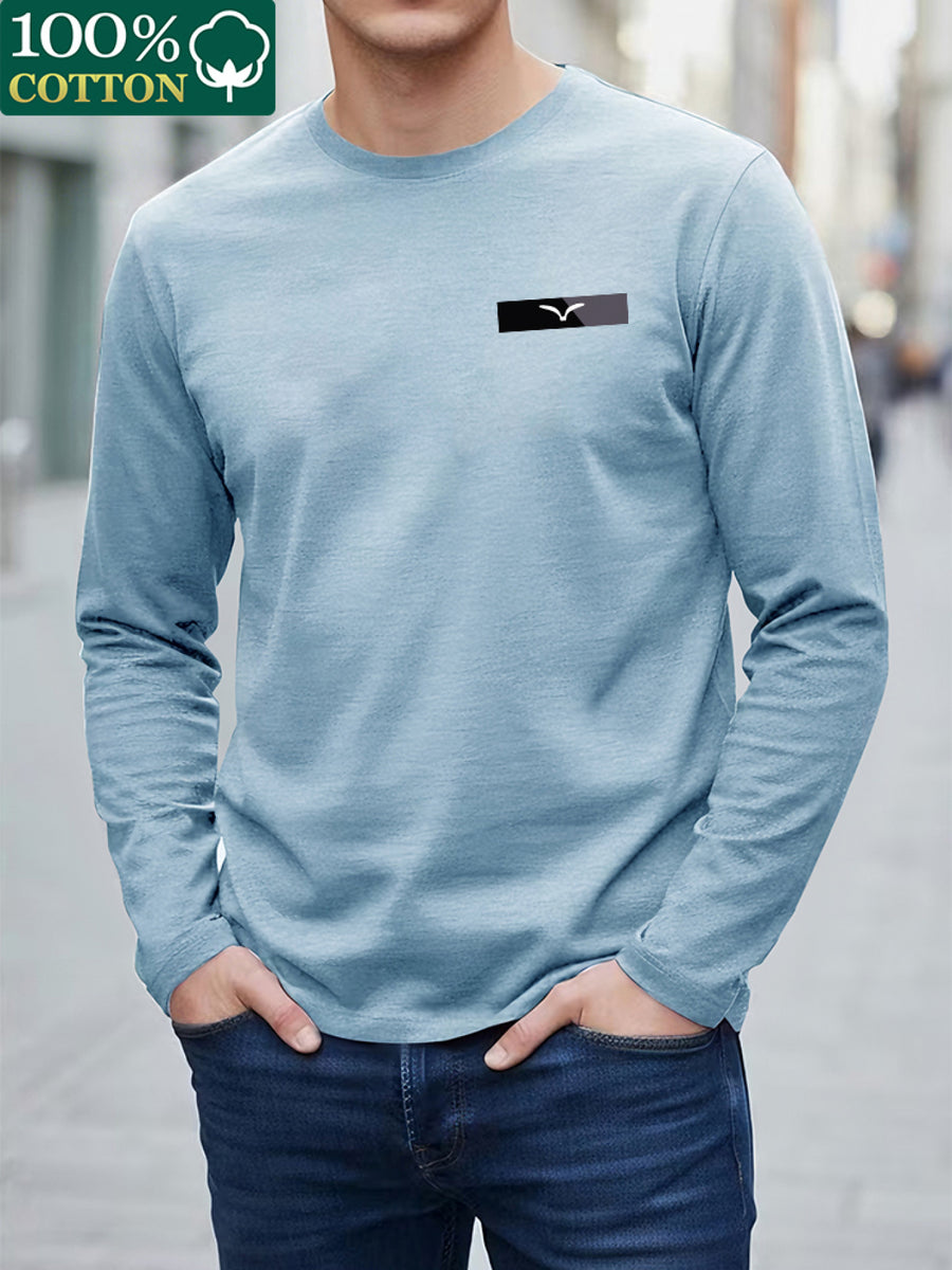 100% T-shirt, Men's Crew Neck Long Sleeve T-shirt, Trendy Seagull Graphic Print Design, Suitable for Casual Wear and Outdoor Activities - Sky Blue