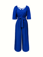Women's Summer Casual V-Neck Tie-Waist Jumpsuit - Lightweight Breathable Wide-Leg Pantsuit, Machine Washable Solid Color Versatile Outfit for Beach, Brunch & Daytime Events, Smooth Texture Fabric, Beach Attire, Easy Care, Vacation Wear - Multicolor-Blue