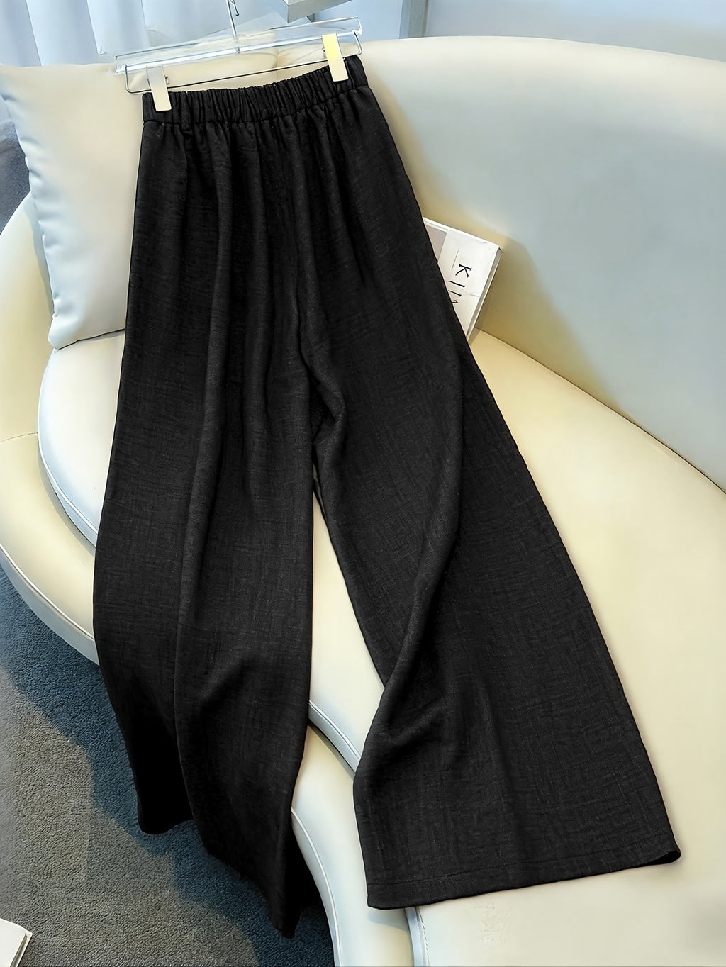 Women's Navy Blue Exquisite Pleated Wide-Leg Casual Pants with Pockets, Adorned with an Elegant Printed Trim Band, Suitable for Daily Leisure, Vacations, Formal Occasions, Birthday Gifts, Spring/Summer Wear ASD1 - Black