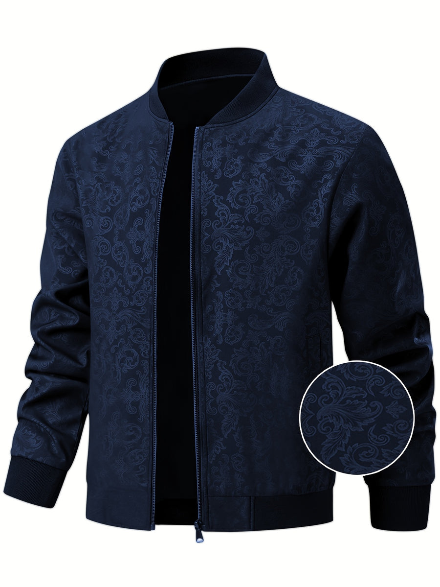[Sizi Bean OBM] Men'S Jacket Casual Jacket, Stamped Phoenix Print Texture Chinese Style Baseball Collar Top, 97% 3% Spandex Suitable for Spring Autumn Outdoor Windproof Wear - Blue