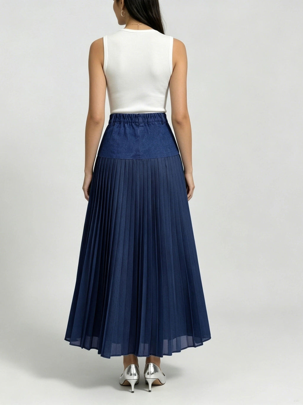 [Printed Skirt - Not Faux Denim Fabric]Temperament Commuter Imitation Faux Denim Patchwork Half Skirt, High-Waist Mesh Pleated Flared Long Dress Spring Summer Versatile Style Kydx - Navy Color