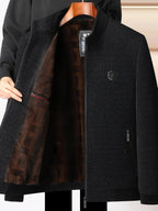 Pearson OBM Winter Mid-aged Men's Stand Collar Jacket, -Lined Thickened Warm Faux Lining Zipper Outerwear for Men - Black