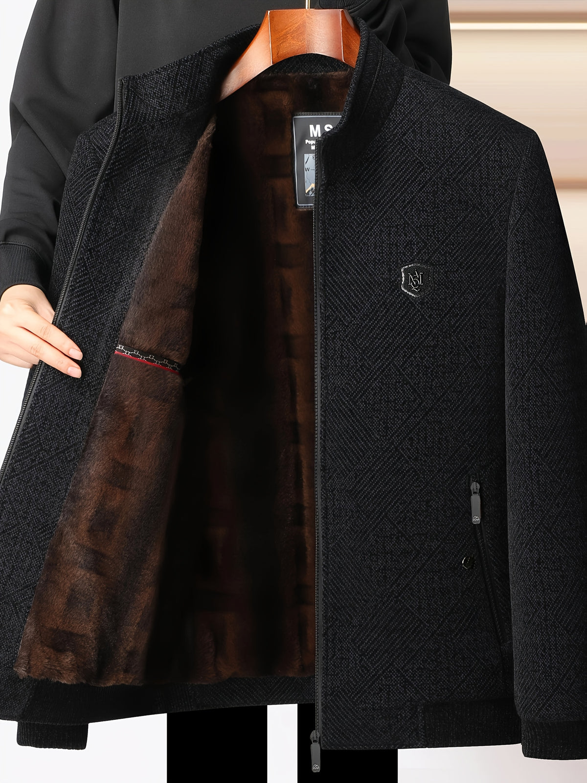 Pearson OBM Winter Mid-aged Men's Stand Collar Jacket, -Lined Thickened Warm Faux Lining Zipper Outerwear for Men - Black