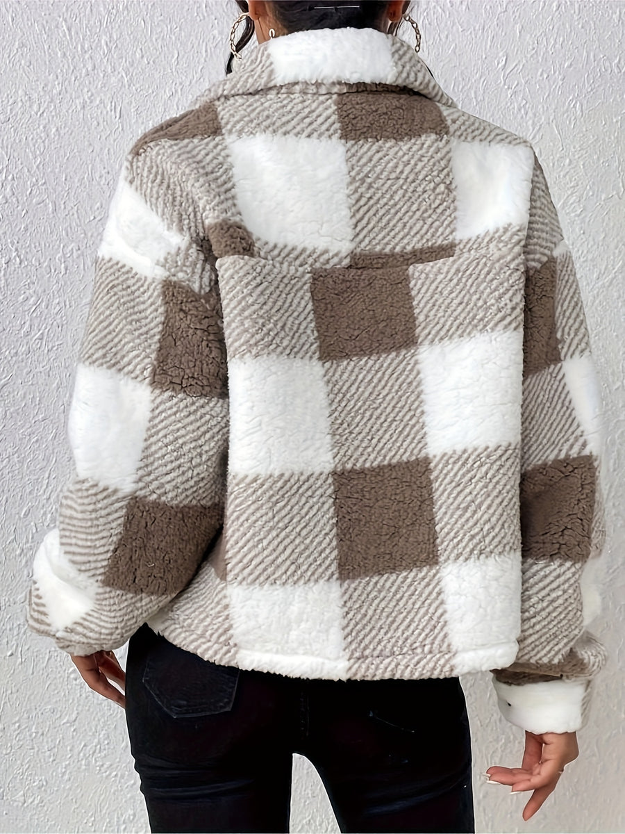 Women's Casual Plaid Lapel Jacket - Khaki