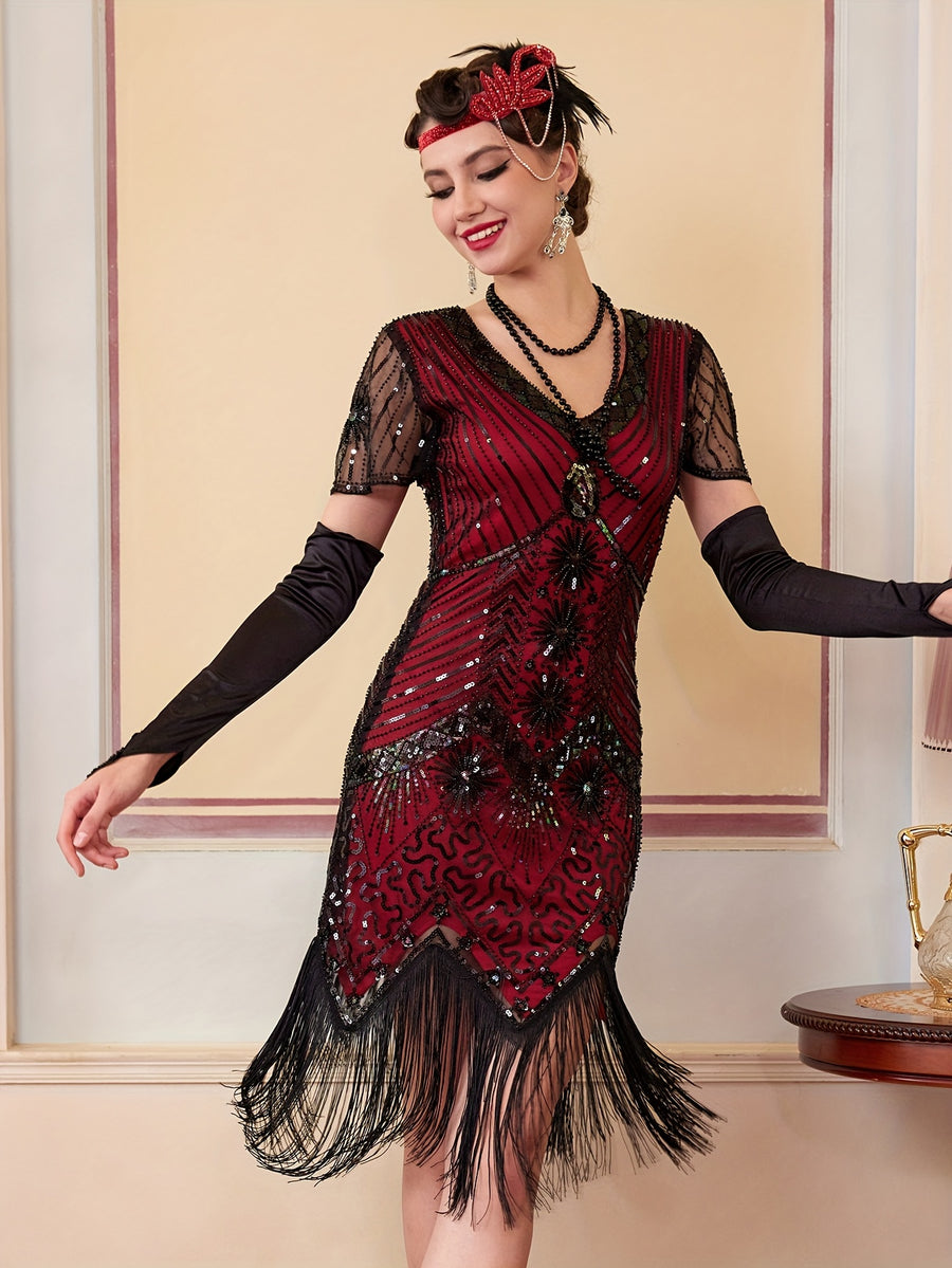1920S Vintage Sequin Dress Gatsby Party Tassel Dress Evening Banquet Dance Dress Sequined Dress (Single Dress, Gloves And Additions Not Included) - Black&Red