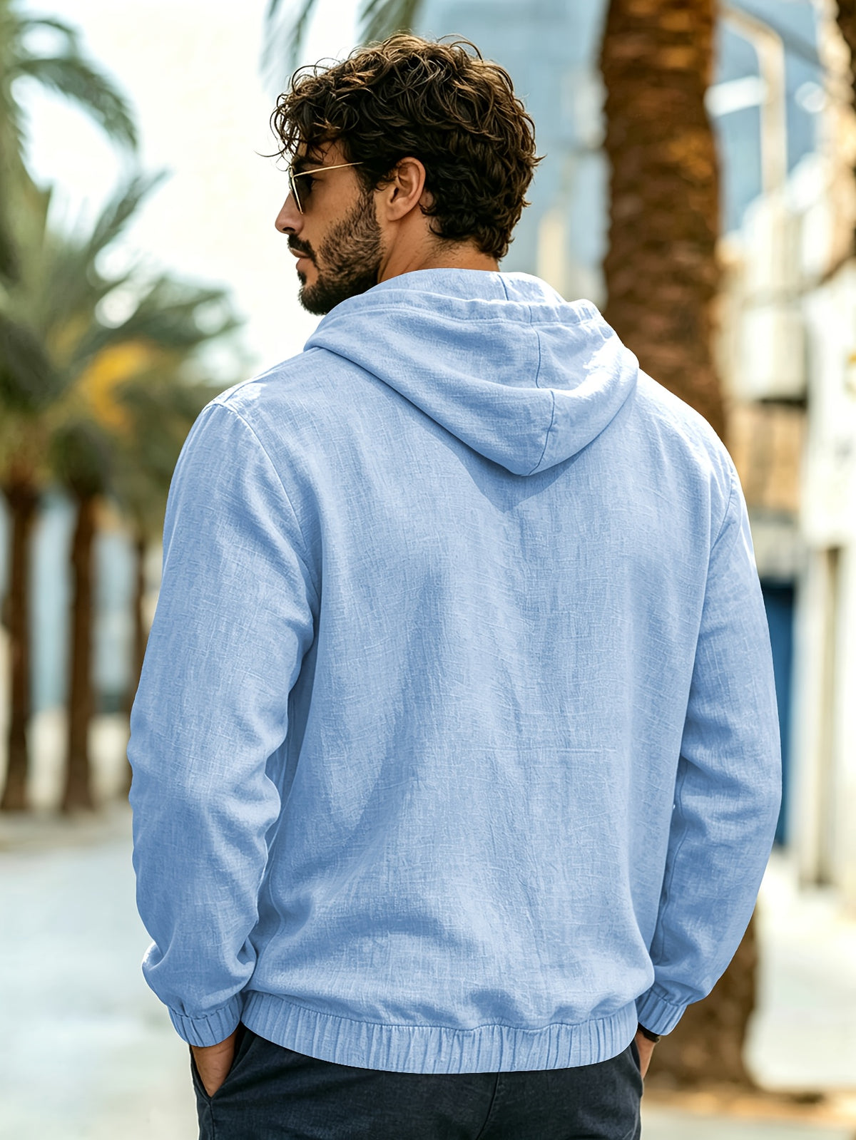 Men's New Spring/Autumn Linen Hooded T-Shirt, Suitable for Commuting, Parties, Outings, Travel, and Sports, Lightweight and Stylish Sweatshirt - Sky Blue