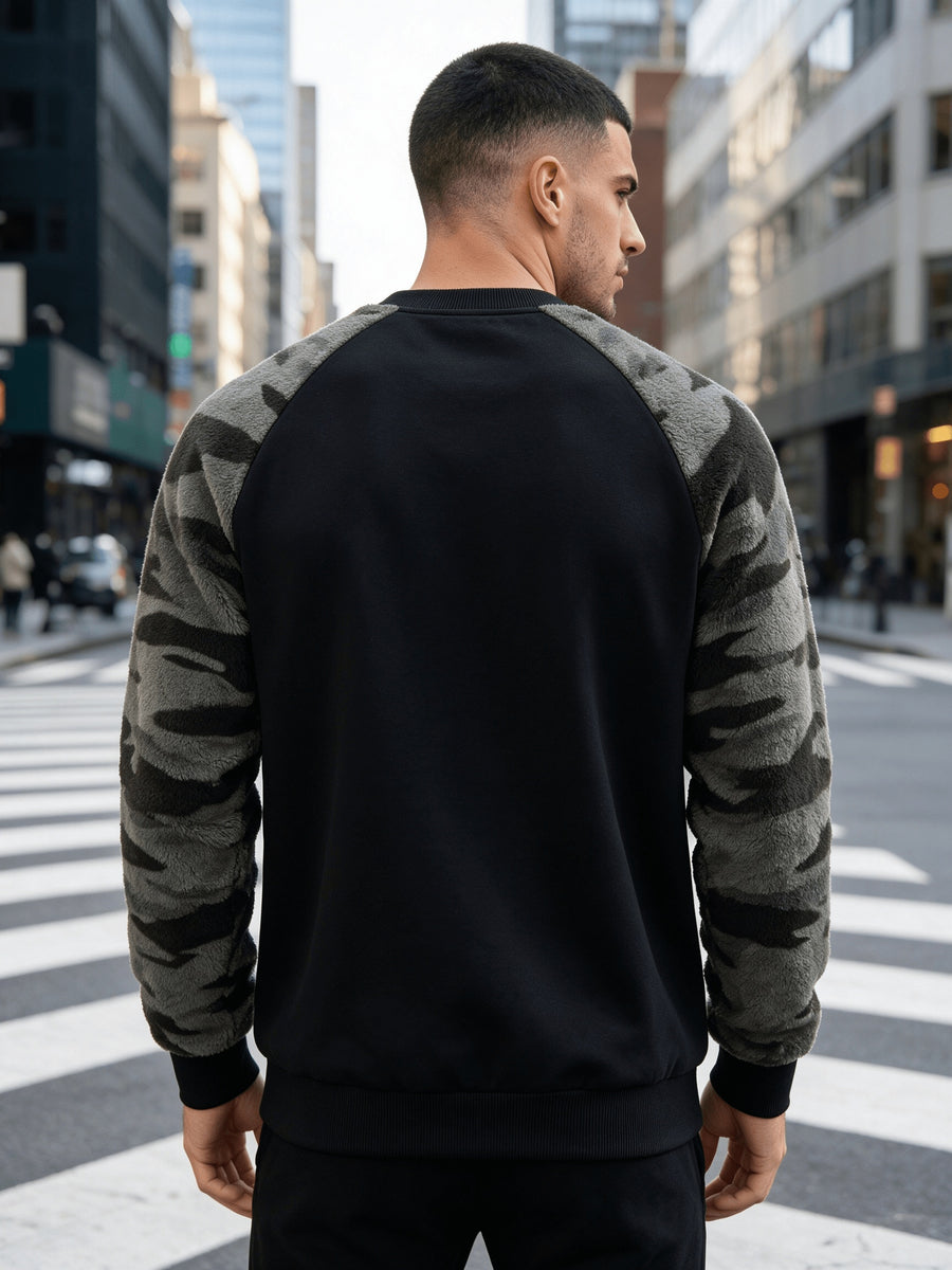 Men's Autumn/Winter Crew Neck Plush Sweatshirt, Raglan Sleeve Plush Sweatshirt, Featuring a Stylish Plush Color Block Patchwork Pattern and Solid Color Design, Made from Wrinkle-resistant Soft Knitted Fabric, It Is Highly Practical - Black