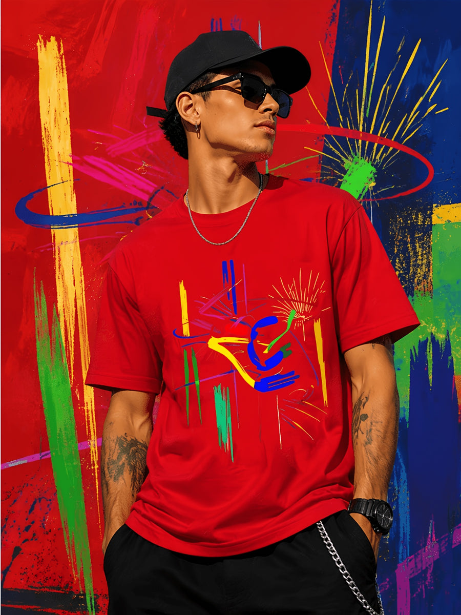 Men's Abstract Art T-Shirt - Vibrant Brushstroke Design, Soft and Breathable, Modern Crew Neck, Short Sleeve Summer Tee, Art-Inspired T-Shirt - Red