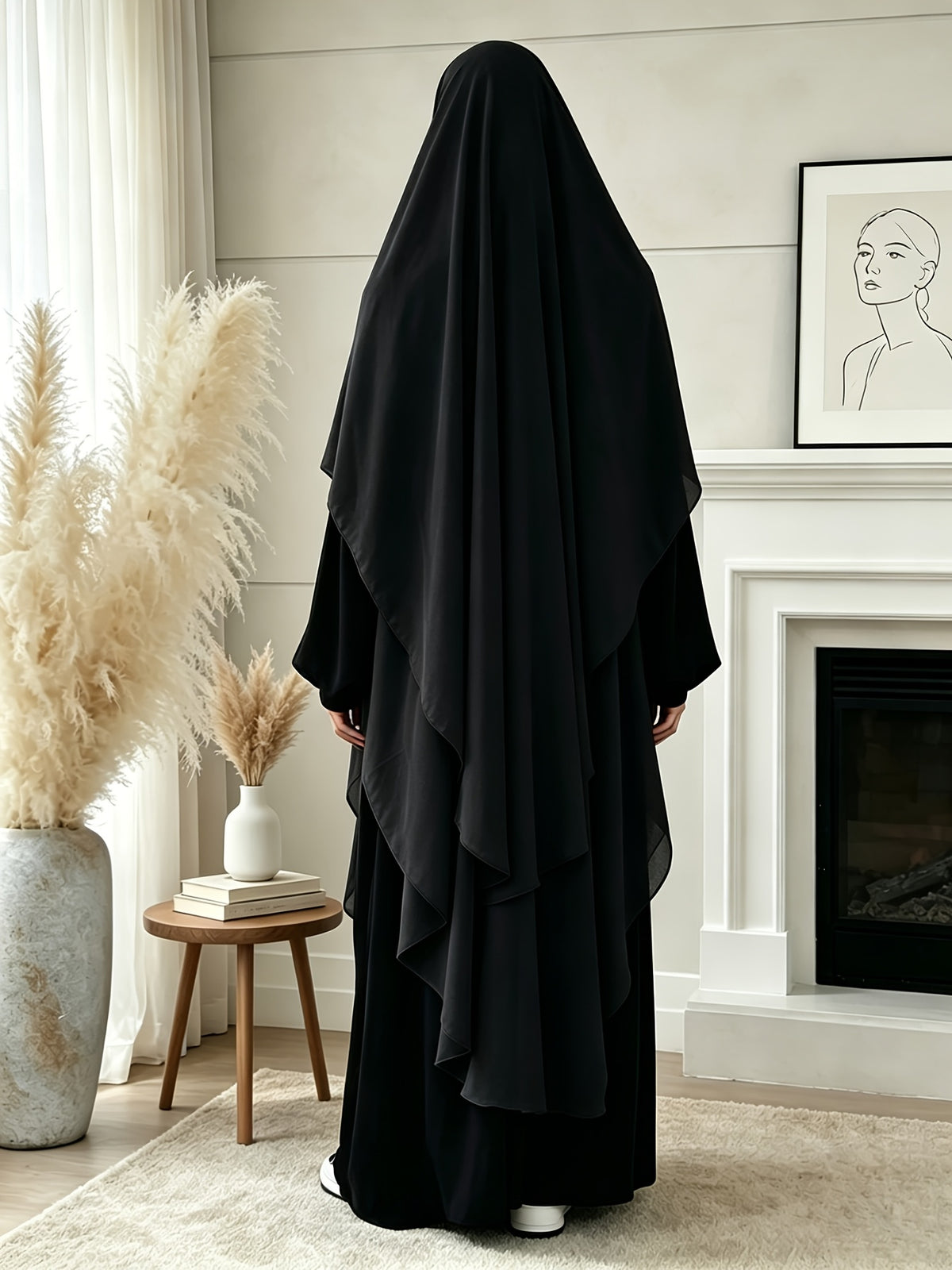 1pc High-Quality Pearl Chiffon Double-Layer Design Breathable And Private Kimmar Scarf Matching Any Abaya Women'S Daily Wear Prayer Use All Seasons - Black