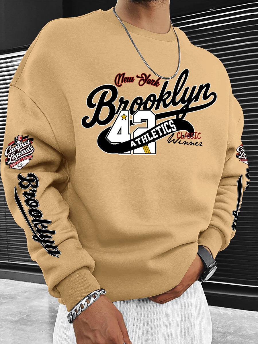 New Men's Crew Neck Sweatshirt, American Vintage Style with City Name Letter Print - Khaki