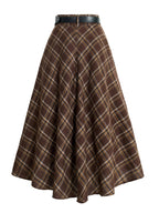 Women's Spring Brushed Checkered Elegant Casual A-Line Skirt. Belt Not Included - Coffee Brown