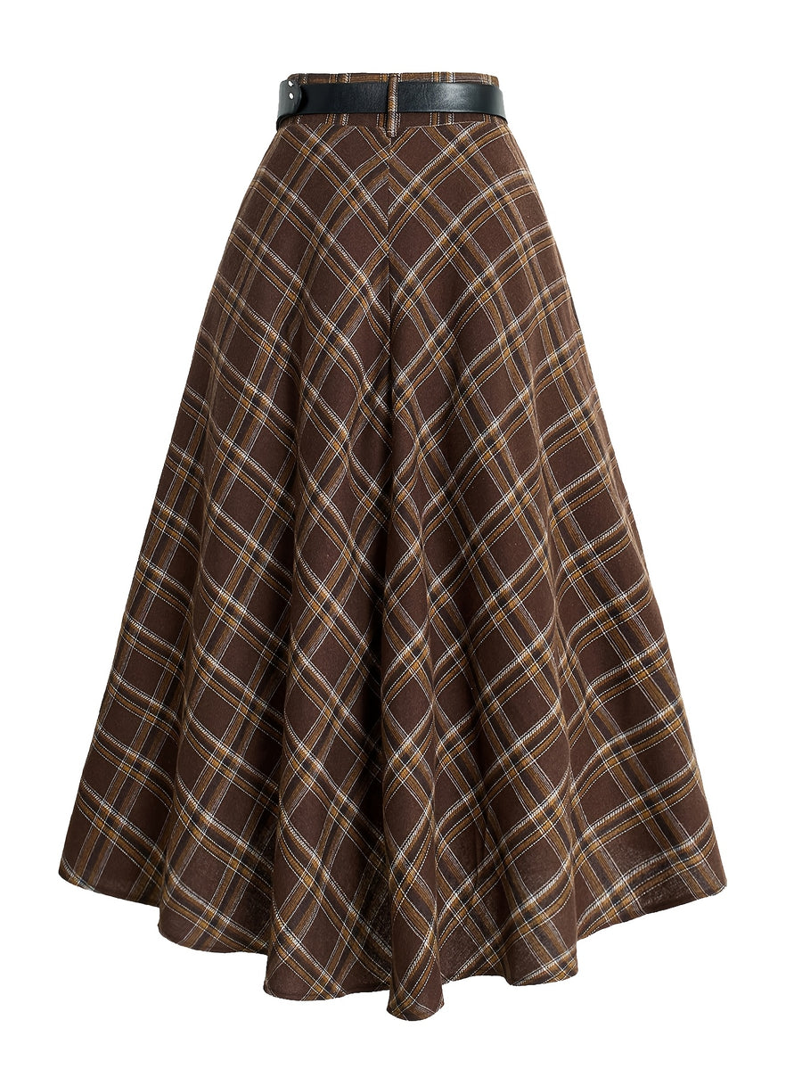 Women's Spring Brushed Checkered Elegant Casual A-Line Skirt. Belt Not Included - Coffee Brown