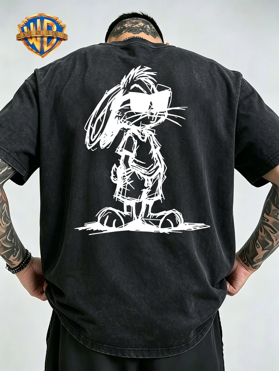 Sunglasses Pocket Rabbit Roadrunner Front And Back Print Washable T-Shirt, American Retro Distressed Style Loose Short Sleeve, Unisex Machine Washable T-Shirt, Suitable for Daily Wear, Commuting And Outdoor Outfits - Black