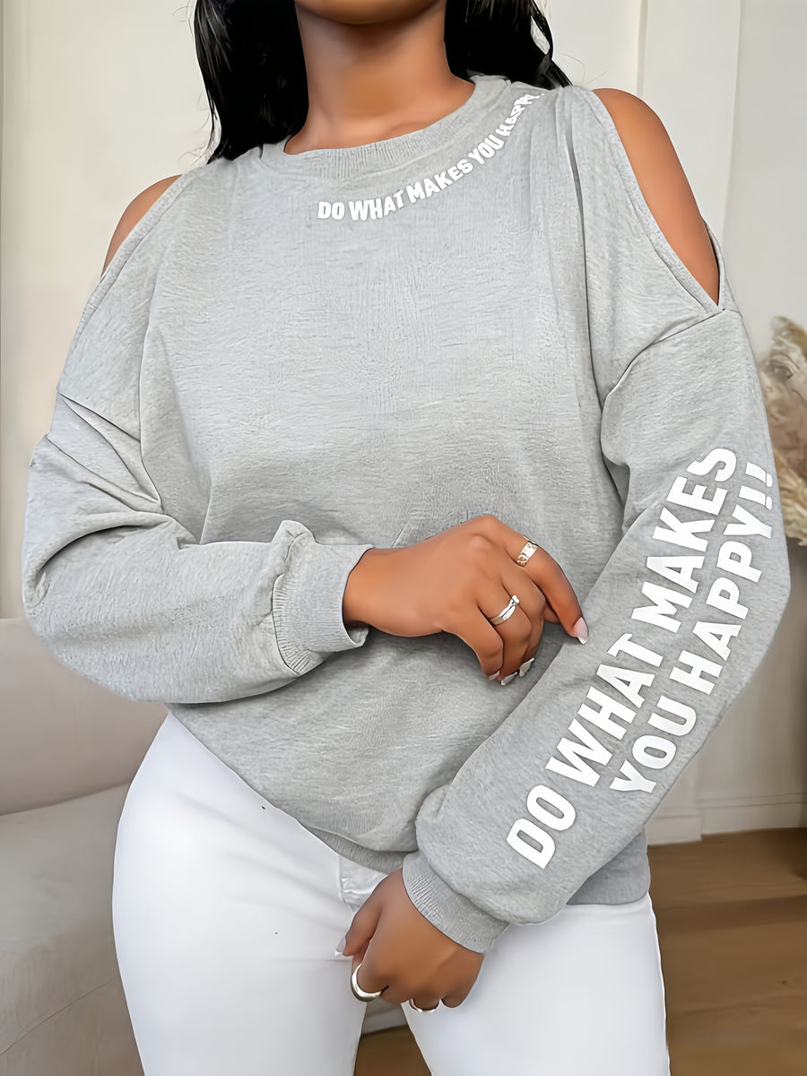 Women'S Loose Casual Letter Print Off-Shoulder Long Sleeve Base Layer Sweatshirt, Spring Autumn Commute Back-To- Outfit - Granny Gray