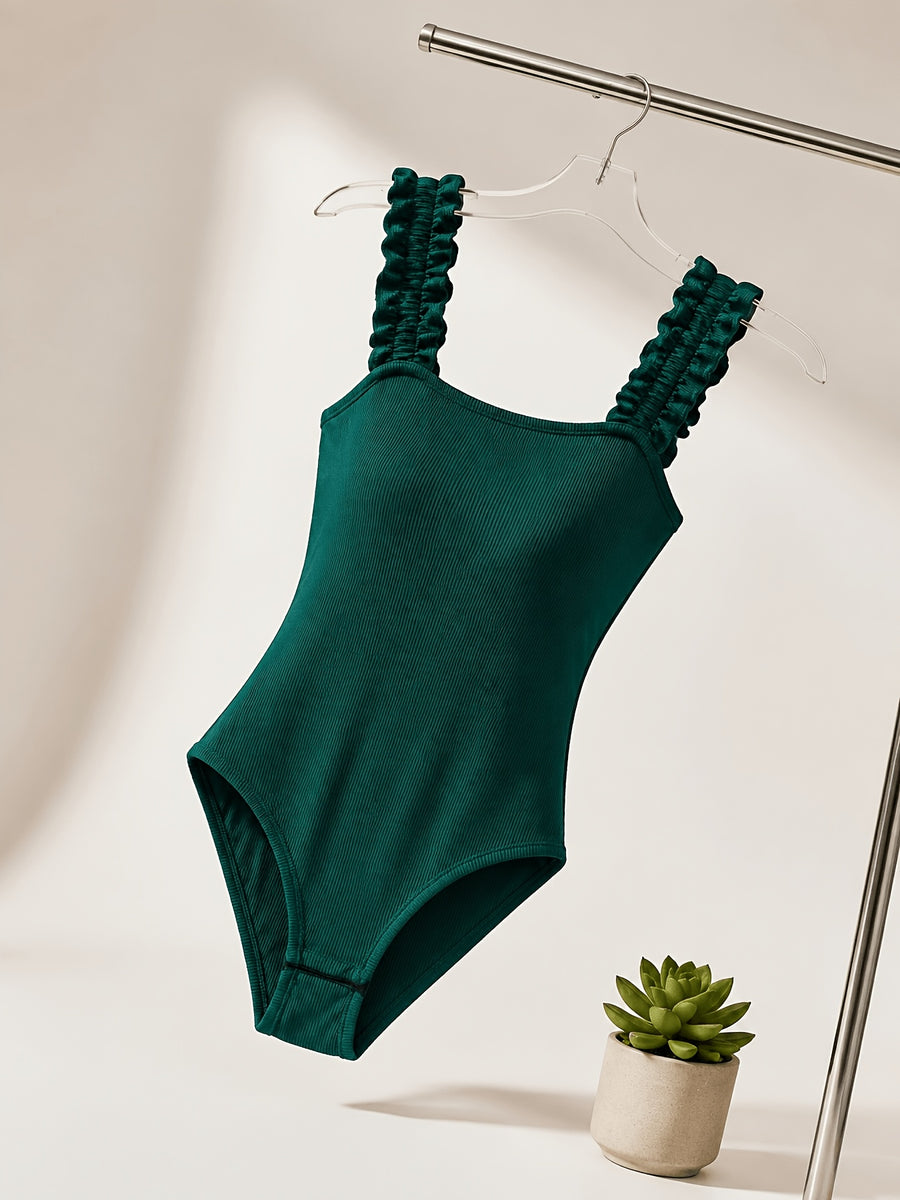 Solid Color Pleated Thin Strap Bodysuit - Dark Green