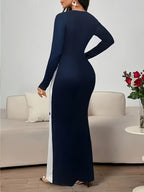 Women's Printed Elegant Round Neck Long Sleeve Dress - Navy Color