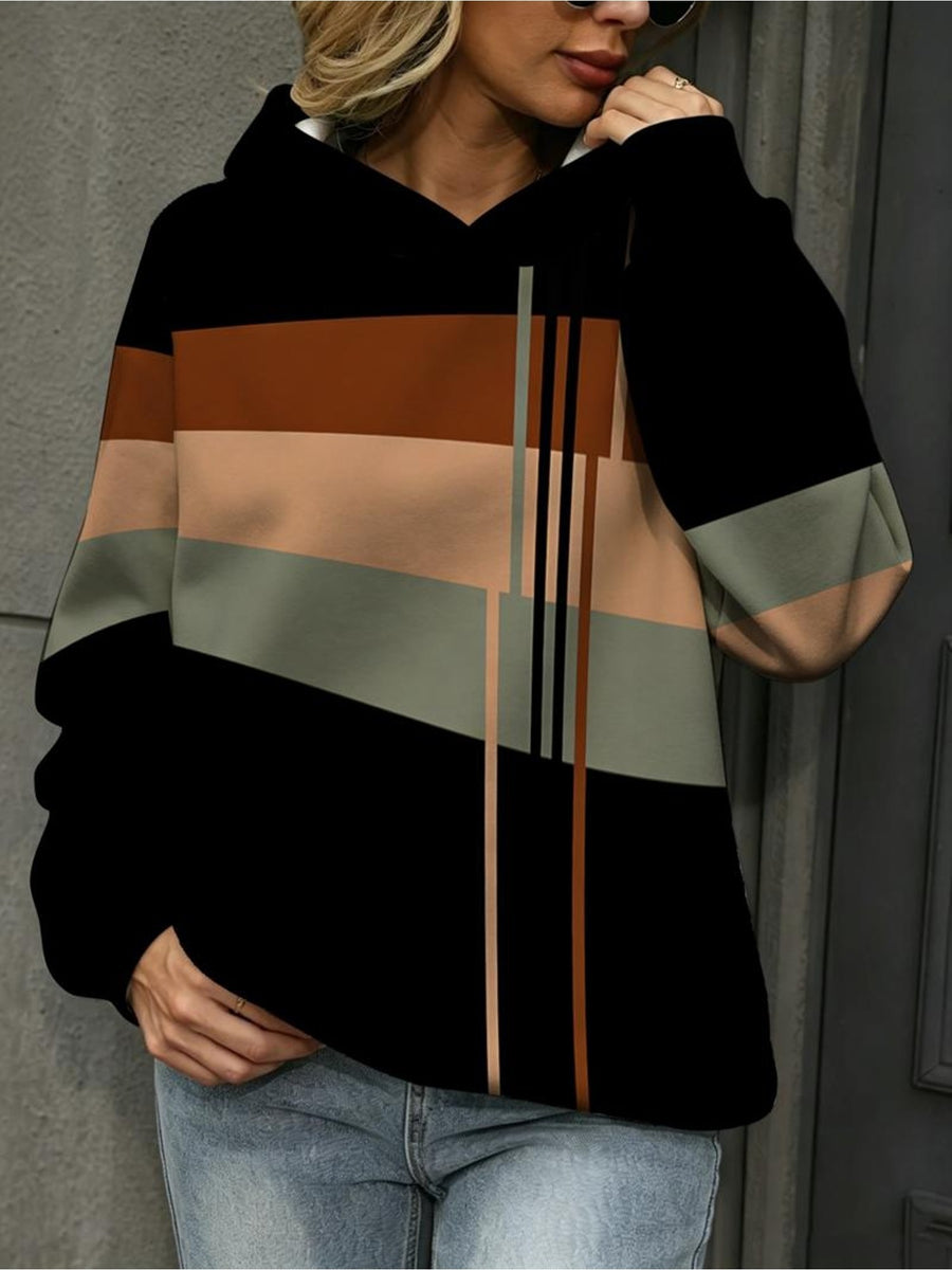 [Printed Design - Not Textured] Women'S Fashionable Hoodie, Contrasting Geometric Lines, Mixed Colors, Available in Various Sizes, Suitable for Daily And Outdoor Wear, Easy Abstract Design/Long-Sleeve And Sweatshirt/Casual Fit/ - Mixed colors
