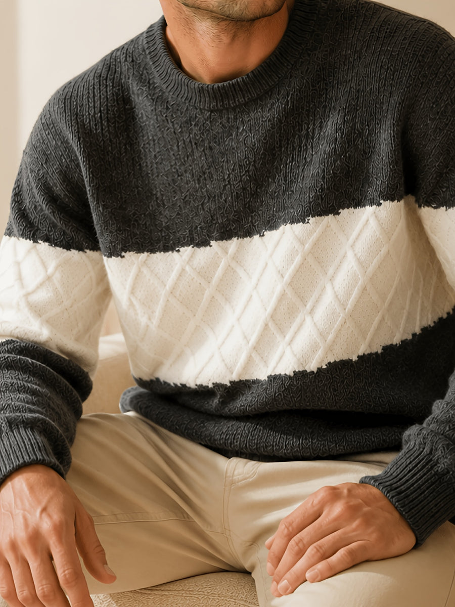 Men's Du Jing Lan OBM Contrast Color Knit Sweater - Old Money Style Business Casual Pullover with Color-Blocking, Ribbed Crew Neck Sweater Suitable for Layering, Golf, Basketball, Outdoor & Daily Wear, Spring/Autumn Winter Wardrobe - Grey