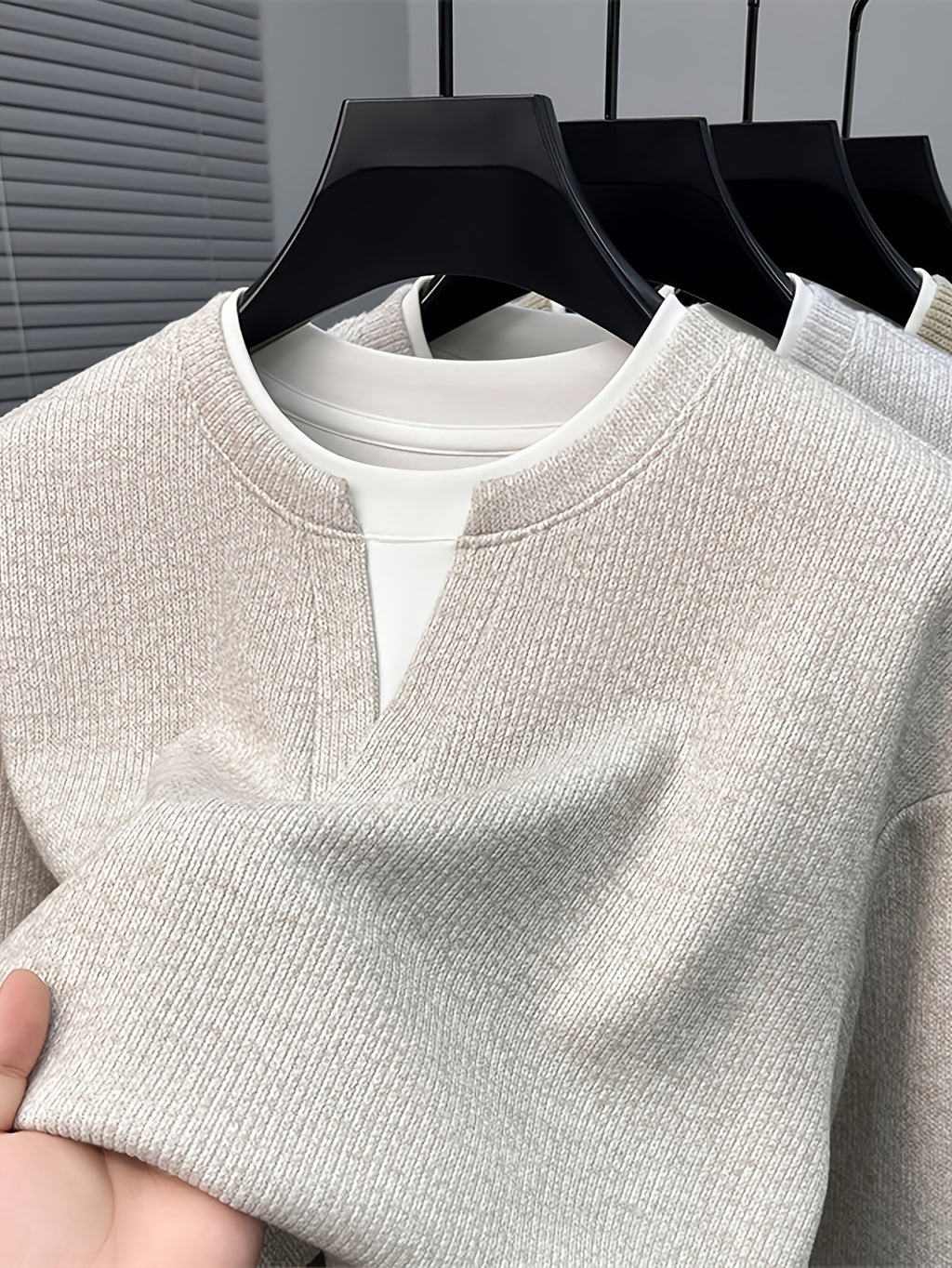 Men's Vertical Stripe V-Neck 2-in-1 Look Long-Sleeve Pullover Top, Regular Shoulder Long Sleeves, Ribbed Cuffs and Hem, Can Be Worn Alone or as a Layering Piece - SINBOS - Off White