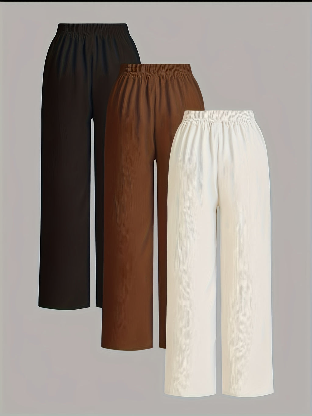 3pcs Elegant Wide-Leg Pants - Solid Color Lightweight Summer Trousers with Wide Leg Opening & Drawstring Waist, Machine Washable Non-Stretch for Casual, Office, Semi-Formal Wear (3pcs) - Black+coffee+white