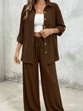 Korean Lazy Style Brown Textured Casual Set Women'S Loose Drapey Shirt And Drawstring Wide-Leg Pants Versatile Breathable Comfortable Daily Commute Outfit, Lightly Mature Gentle Temperament Casual Outing Travel Set - Coffee Color