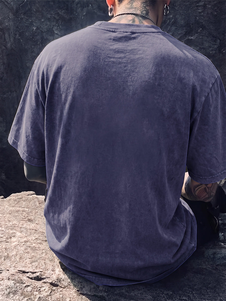Short-sleeve T-shirt, Half-sleeve Top with a Small Joyful Face and Simple Circular Logo Print on the Chest, Trendy Print Available in 12 Colors for  Mix-and-match. Made of Pure Cotton with a Washed and Distressed Effect, Featuring a Loose Fit. - Royal Blue