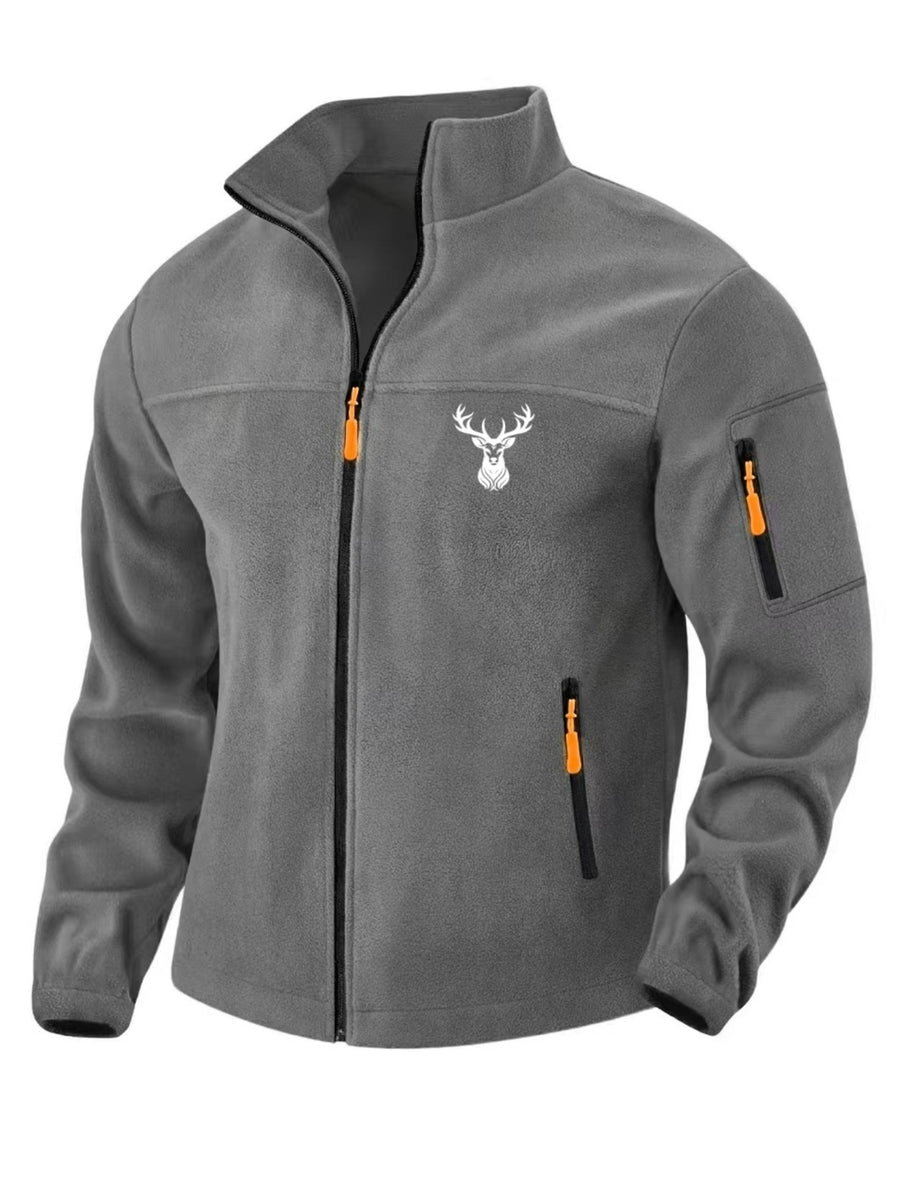 Men'S Autumn Winter Trendy Outdoor Fleece Jacket, Easy Deer Head Print Design, Multi-Zipper Storage Pockets, Suitable for Middle-Aged And Young Adults, Mountaineering Fishing Daily Commuting All-Match Cargo Jacket Top - Dark Gray 1
