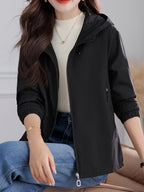 Autumn/Winter -Lined Jacket, Outdoor Hooded Women's Top for Daily Outings, Loose Fit Long-Sleeve Cardigan, Wear-Resistant, Thickened, and Warm for Commuting, Strolling, Hiking, Simple and Versatile Women's Outdoor Casual Top - Black