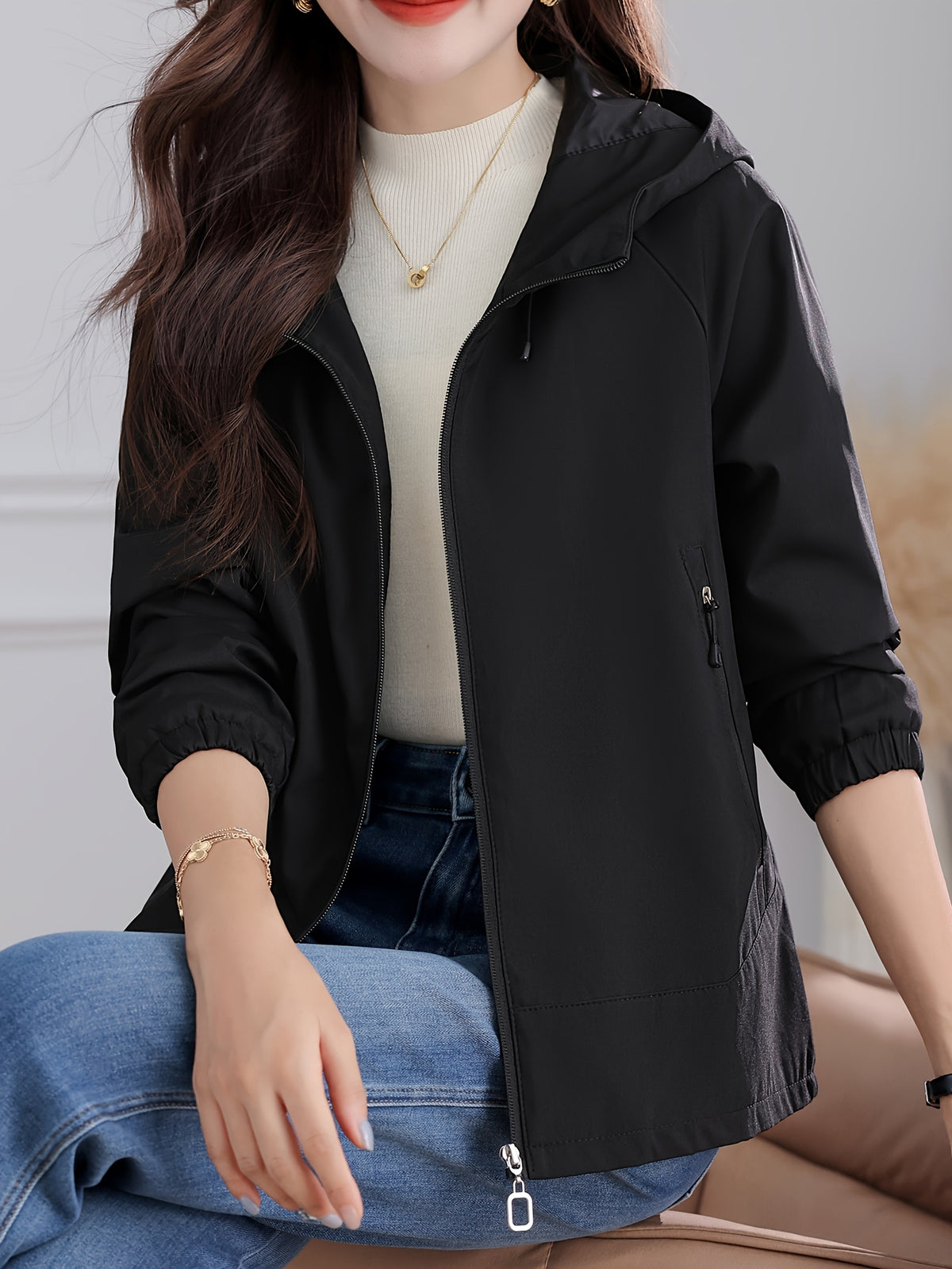 Autumn/Winter -Lined Jacket, Outdoor Hooded Women's Top for Daily Outings, Loose Fit Long-Sleeve Cardigan, Wear-Resistant, Thickened, and Warm for Commuting, Strolling, Hiking, Simple and Versatile Women's Outdoor Casual Top - Black