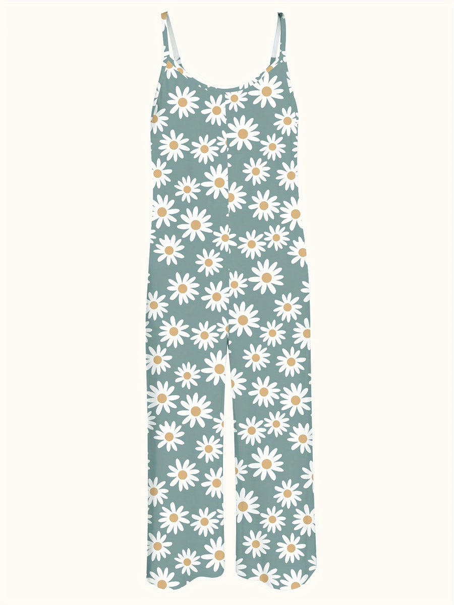 Women's European and American Style Daisy Print Spaghetti Strap High-Waist Wide-Leg Holiday Style Jumpsuit - Mixed colors