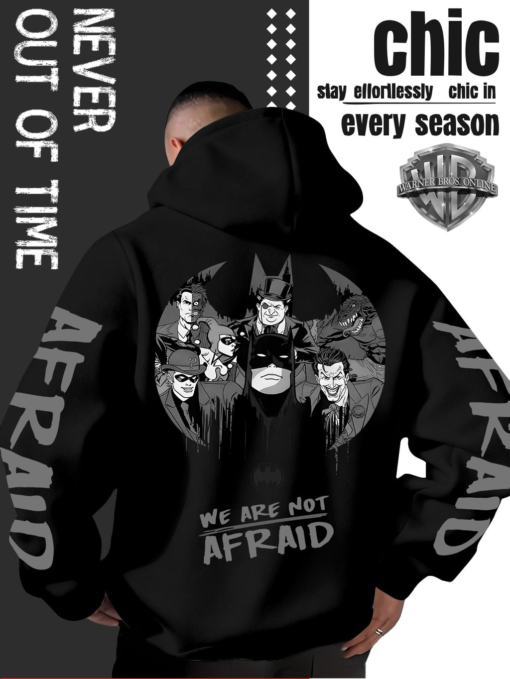 Men'S Hooded Sweatshirt Superhero Villain Group Black And White Comic Print, Batman Good And Evil Characters Gathered Design, Themed English Slogans And Rich Visuals, Dual Sleeves with Eye-Catching Graffiti Art Font - Black