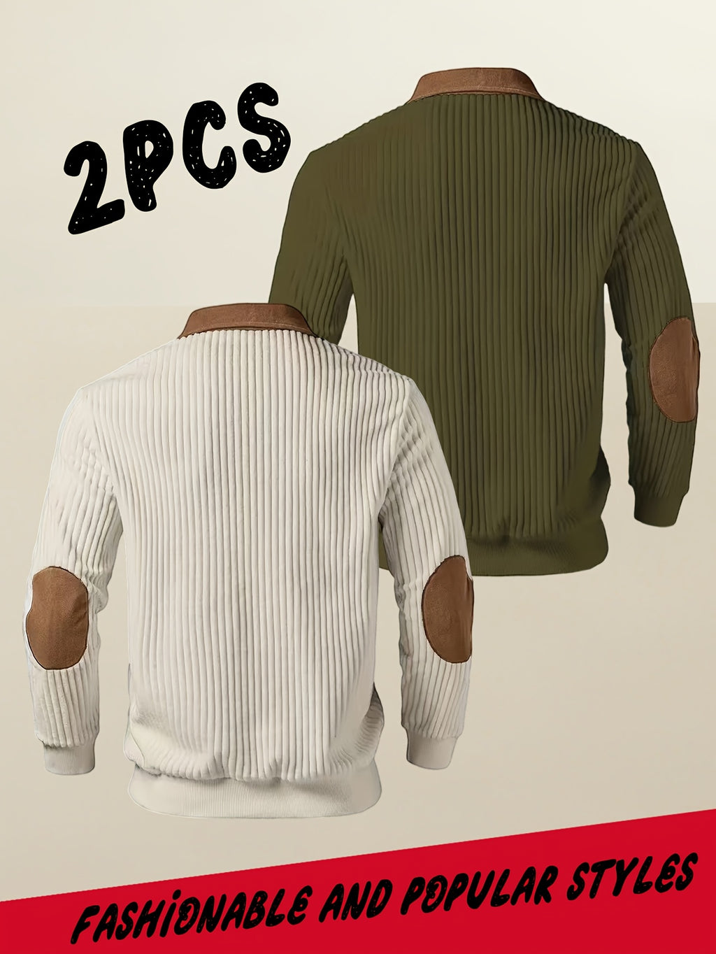 Men's Casual Long Sleeve Lapel Pullover with Patchwork Half-Zip Design, Two-pc, Multiple Colors Available, Men's Outdoor Casual Wear Suitable for Outdoor Sports and Vintage Casual Styling - Apricot + Army Green