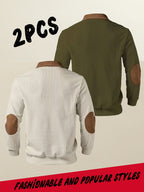 Men's Casual Long Sleeve Lapel Pullover with Patchwork Half-Zip Design, Two-pc, Multiple Colors Available, Men's Outdoor Casual Wear Suitable for Outdoor Sports and Vintage Casual Styling - Apricot + Army Green