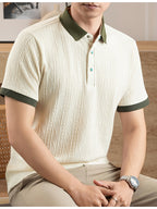 Men's Embossed Jacquard Short-Sleeve Polo Shirt, Available in Multiple Colors, Featuring a Textured, Fine, and Skin-Friendly Fabric with Contrast-Color Lapels. Suitable for Business Commuting, Business Trips, Receiving Guests, Golf, Fishing - Off-white