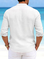 Men'S Autumn Winter New Solid Color Linen-Like Shirt, Roman Letter Print Pattern, Casual Commute Easy Versatile Stand Collar Button-Up Cardigan, Leisure Sports Street Trendy Fashion Business Outing Entertainment Party Old Money Style Outfit - White