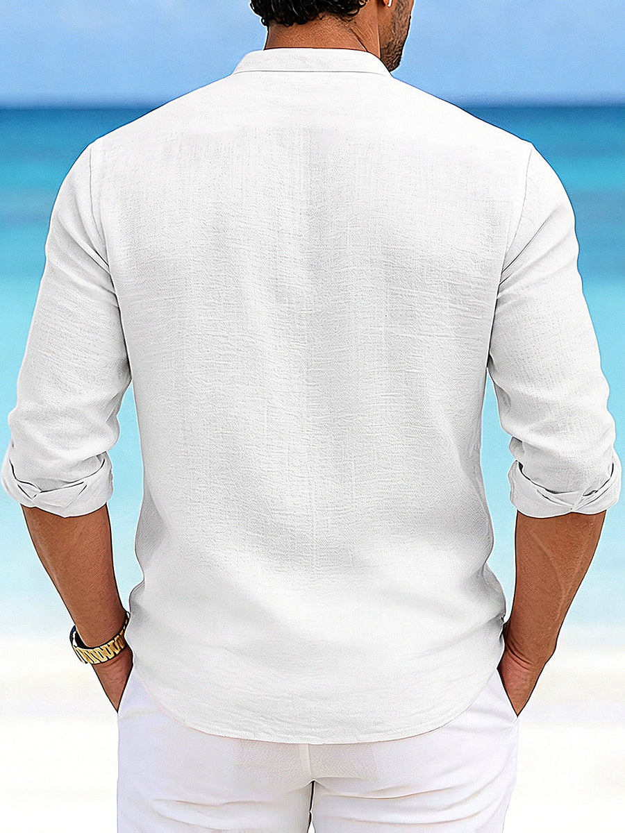 Men'S Autumn Winter New Solid Color Linen-Like Shirt, Roman Letter Print Pattern, Casual Commute Easy Versatile Stand Collar Button-Up Cardigan, Leisure Sports Street Trendy Fashion Business Outing Entertainment Party Old Money Style Outfit - White