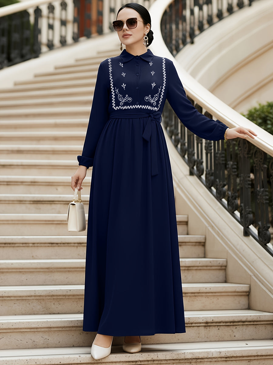 Middle Eastern Muslim Turkish Women's Elegant Solid Color Lapel Embroidered Tie-Up A-Line Abaya Gown - Navy Color