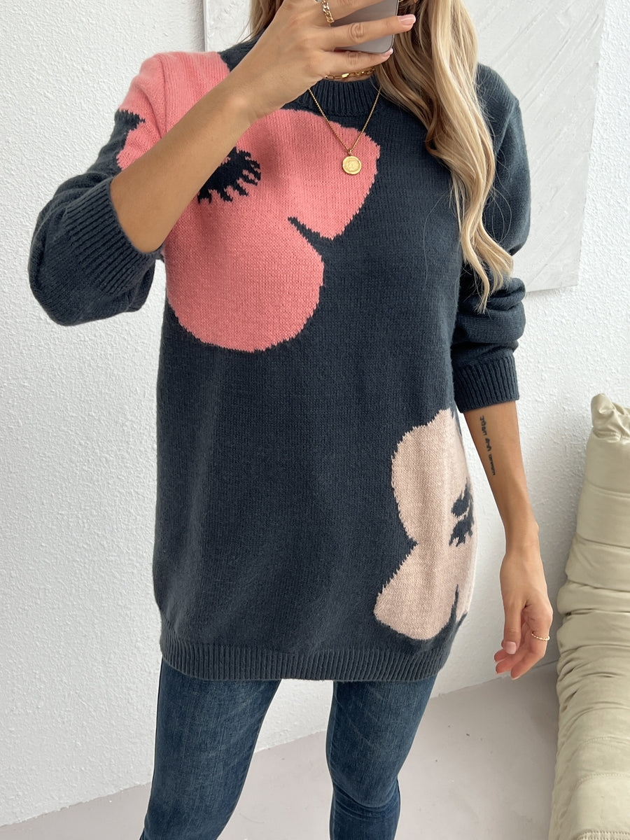 Elegant Round Neck Sweater Suitable for Fall/Winter - Soft Plant Pattern (Flower) Color-Blocking, Cozy Knitwear for Blouses & -Casual Outfits - Mixed colors