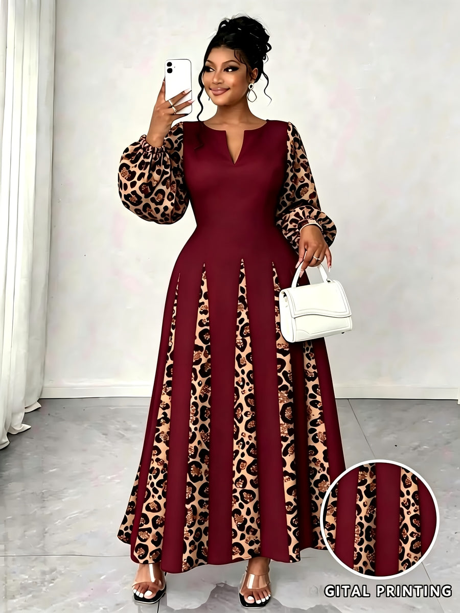 Plus Size Women'S Leopard Patchwork Long Dress, Long Puff Sleeve with Cutout V-Neck A-Line Maxi Skirt, Elegant Party Evening Gown - Burgundy