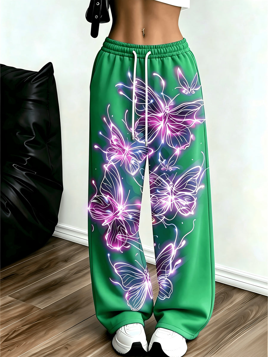 Women's Neon Butterfly Glow-in-the-dark Pattern Jogging Pants with Pockets, Elastic Waistband, and Straight-leg Design - Mixed Color 4