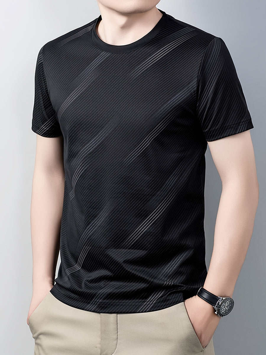 Men's Breathable Mesh Short Sleeve T-Shirt - Lightweight Non-Stick Summer Shirt Suitable for Business Casual & Casual Attire, Round Neck Striped Style (No Belt) for Office, Travel, Layering - Non- Round Neck - Black