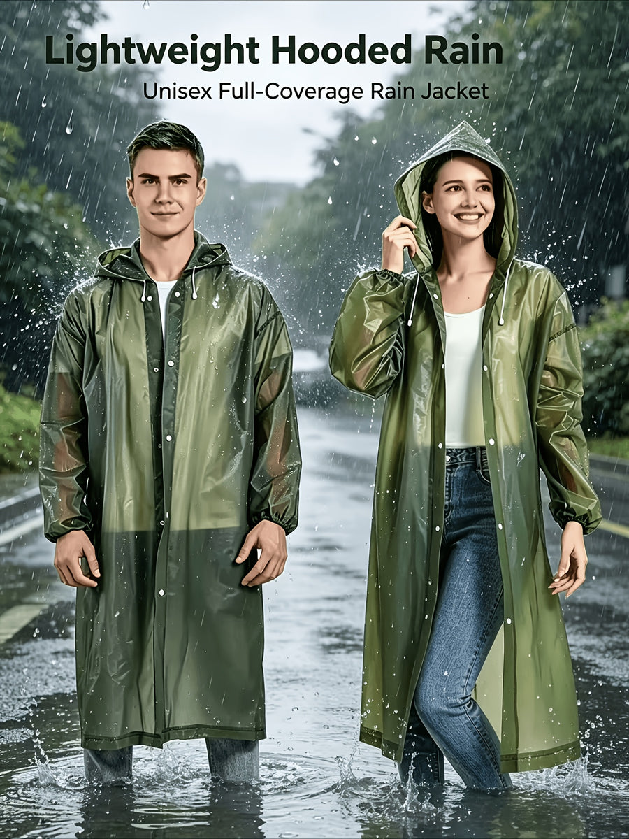 Unisex Adult Long Hooded Raincoat with Button Closure; Loose Fit Suitable for Tall People; Lightweight and Easy to Store, Foldable and Portable; Adjustable Hood with Drawstring + Elastic Cuffs; Foldable, Suitable for Commuting,, Travel, Rainy Day - Green-Cloth