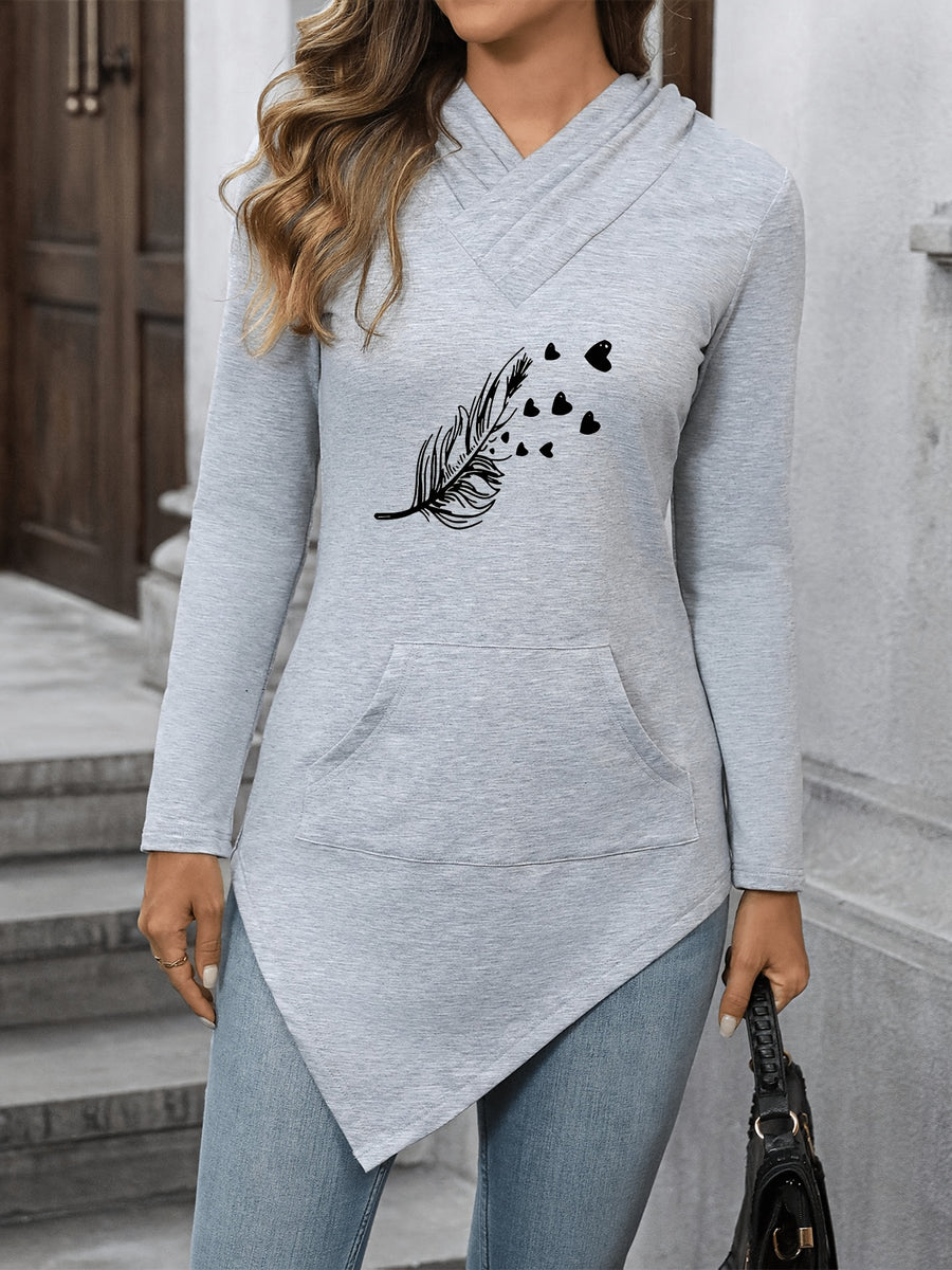 Print Women'S Cross-Collar Hooded Top Long Sleeve Asymmetrical Slanted Hem Kangaroo Pocket Casual T-Shirt - Light Grey