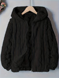 Plus Size - Autumn Winter Warm Thick Fleece Hooded Sweatshirt, Loose Casual Jacket, Coral Fleece Material, Plus Size Women'S Jacket/Winter Coat, Plus Size Women'S Outerwear, Elegant Women'S Shawl - Black