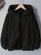 Plus Size - Autumn Winter Warm Thick Fleece Hooded Sweatshirt, Loose Casual Jacket, Coral Fleece Material, Plus Size Women'S Jacket/Winter Coat, Plus Size Women'S Outerwear, Elegant Women'S Shawl - Black