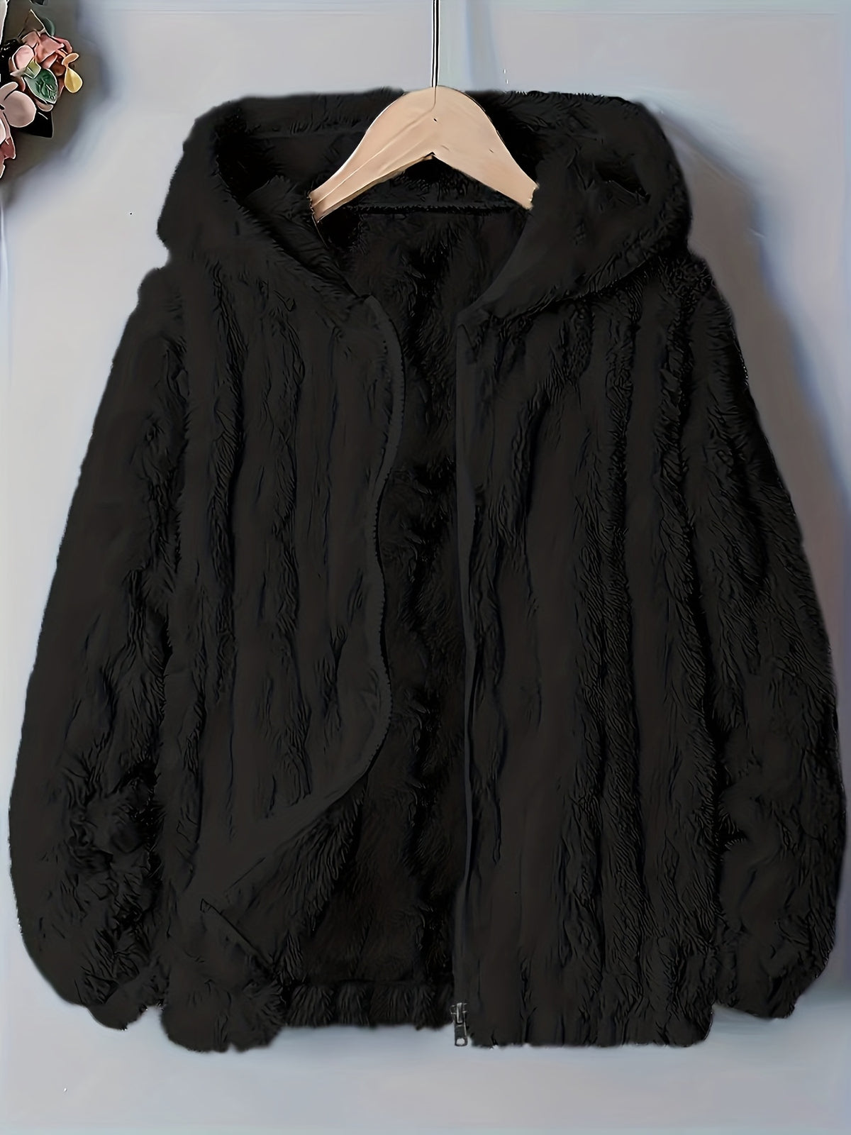Plus Size - Autumn Winter Warm Thick Fleece Hooded Sweatshirt, Loose Casual Jacket, Coral Fleece Material, Plus Size Women'S Jacket/Winter Coat, Plus Size Women'S Outerwear, Elegant Women'S Shawl - Black