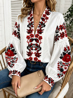 Spring Summer Fashion Elegant Floral Print V-Neck Lantern Sleeve Women'S Long Sleeve Shirt - Red